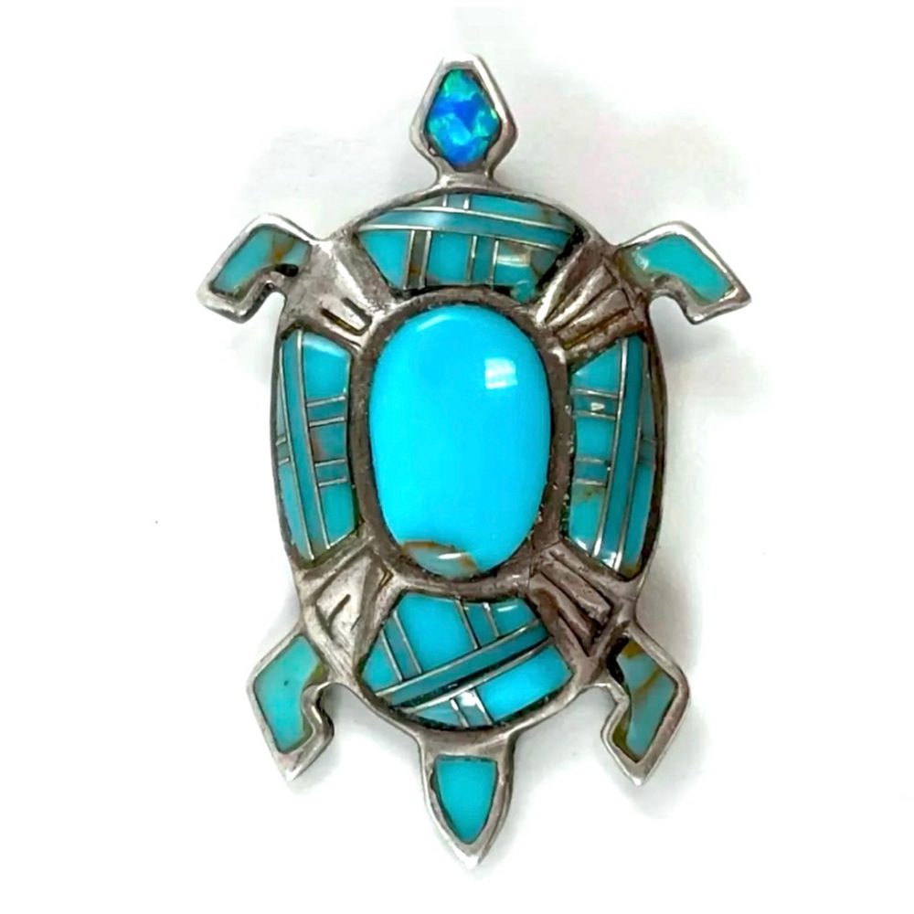 Vtg Zuni Turquoise Gilson Opal Inlay Sterling Slvr Turtle Brooch / Pin / Pendant
